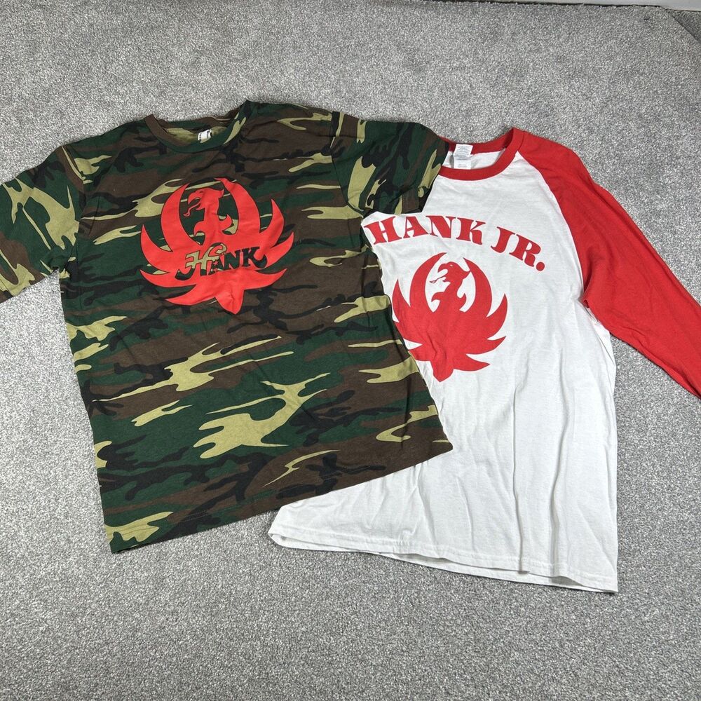 Lot Of 2 Hank Williams Jr Shirts Large Raglan  Red White HANK JR Camo Tee Size M